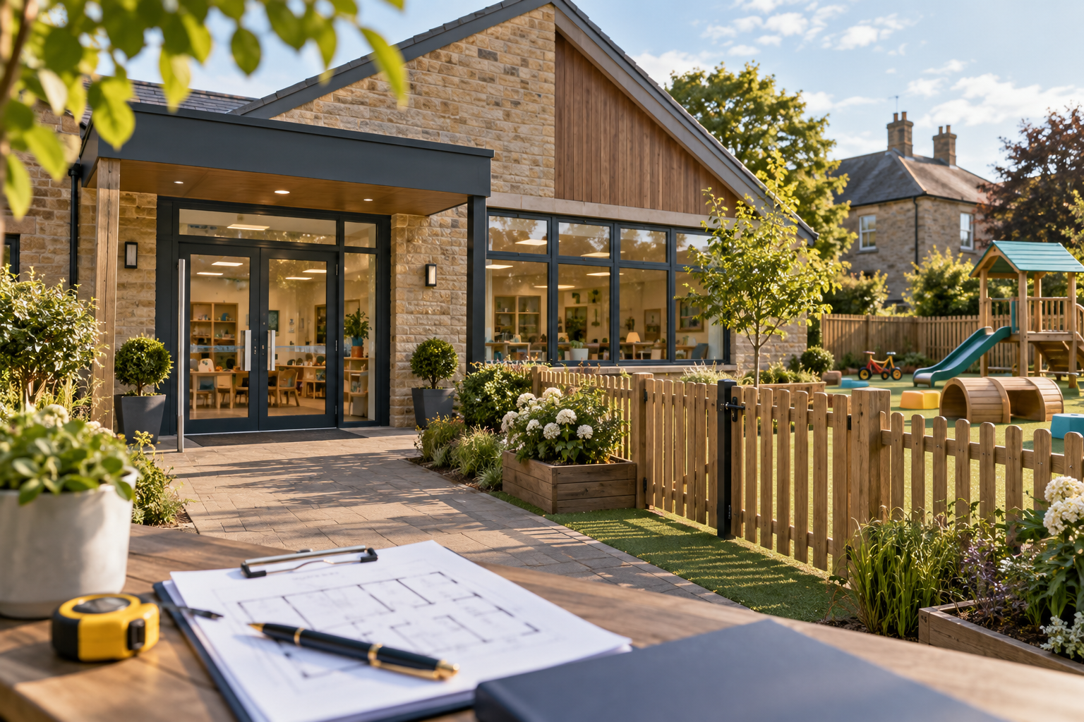 A modern nursery building with outdoor play space and planning documents