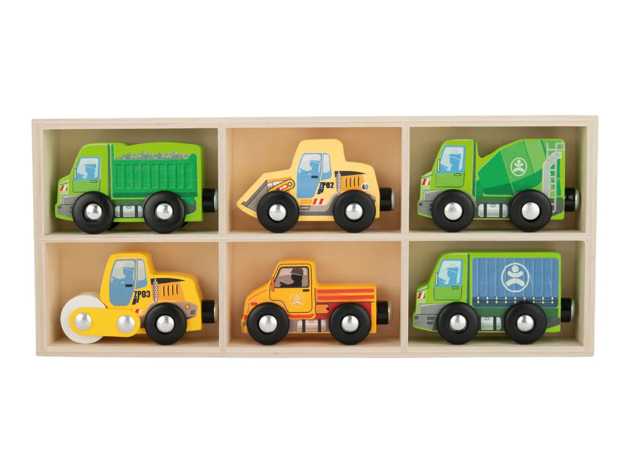 Lidl Lupilu wooden construction vehicles in a storage box